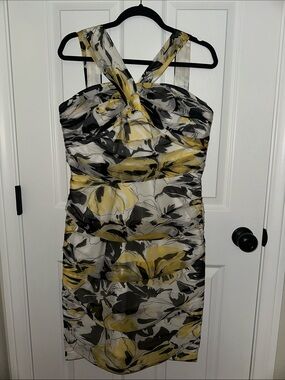 Carmen Marc Valvo Floral Halter Sheath Dress in Yellow, Black & White